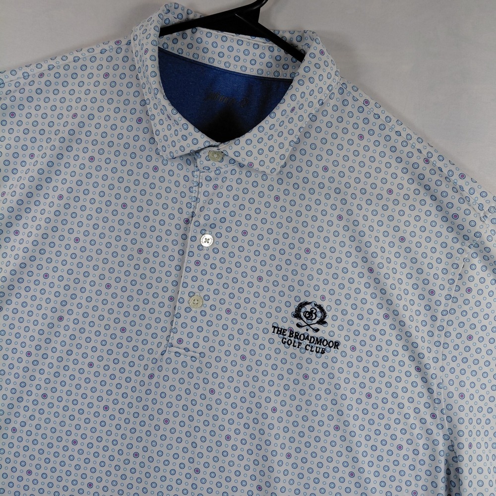 Johnnie-O Mens XL The Broadmoor Golf Club Polo Shirt White Blue Geometric UPF 50